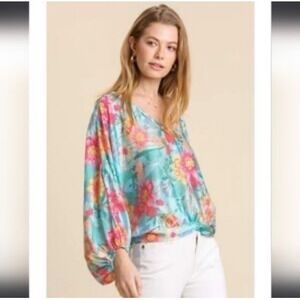 Umgee Blouse Sz L Floral Lightweight Boho Peasant‎ Satin Dolman Balloon Sleeve